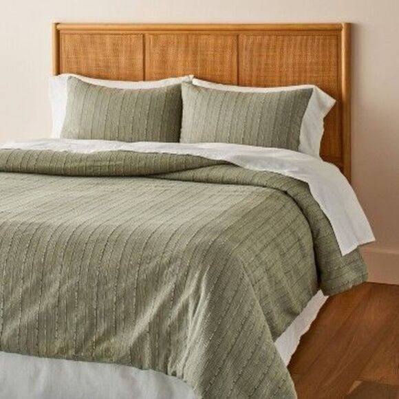 3pc Full/Queen Washed Loop Stripe Duvet Cover Bedd Green - Picture 1 of 4